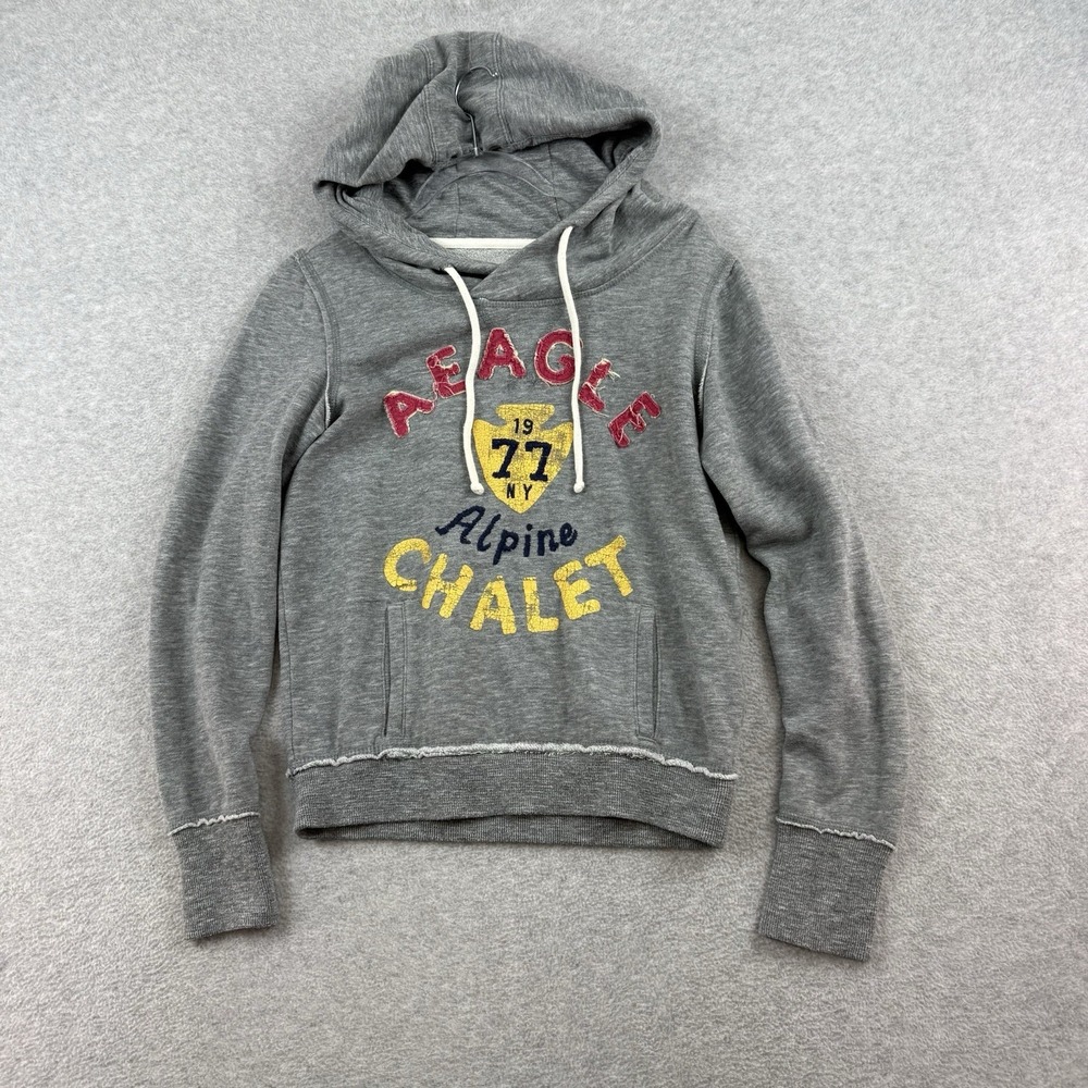 American Eagle Hoodie Women Size M Alpine Chalet Gray Pullover Sweatshirt Y2K